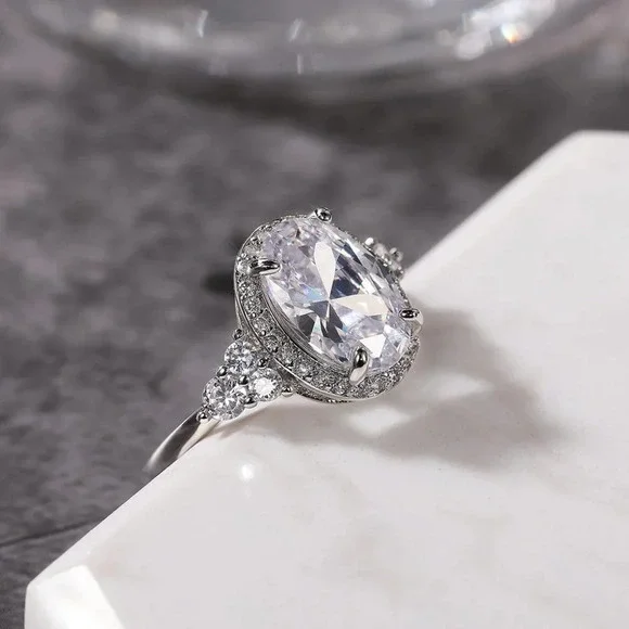 ▶Beautiful Noble Oval Pure CZ Macro Pave Silver Wedding Luxury Rings, K936